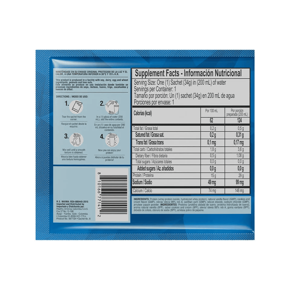 ISO WHEY 100% COOKIES AND CREAM FLAVOR 34G/12 UNID - imagen adicional 3